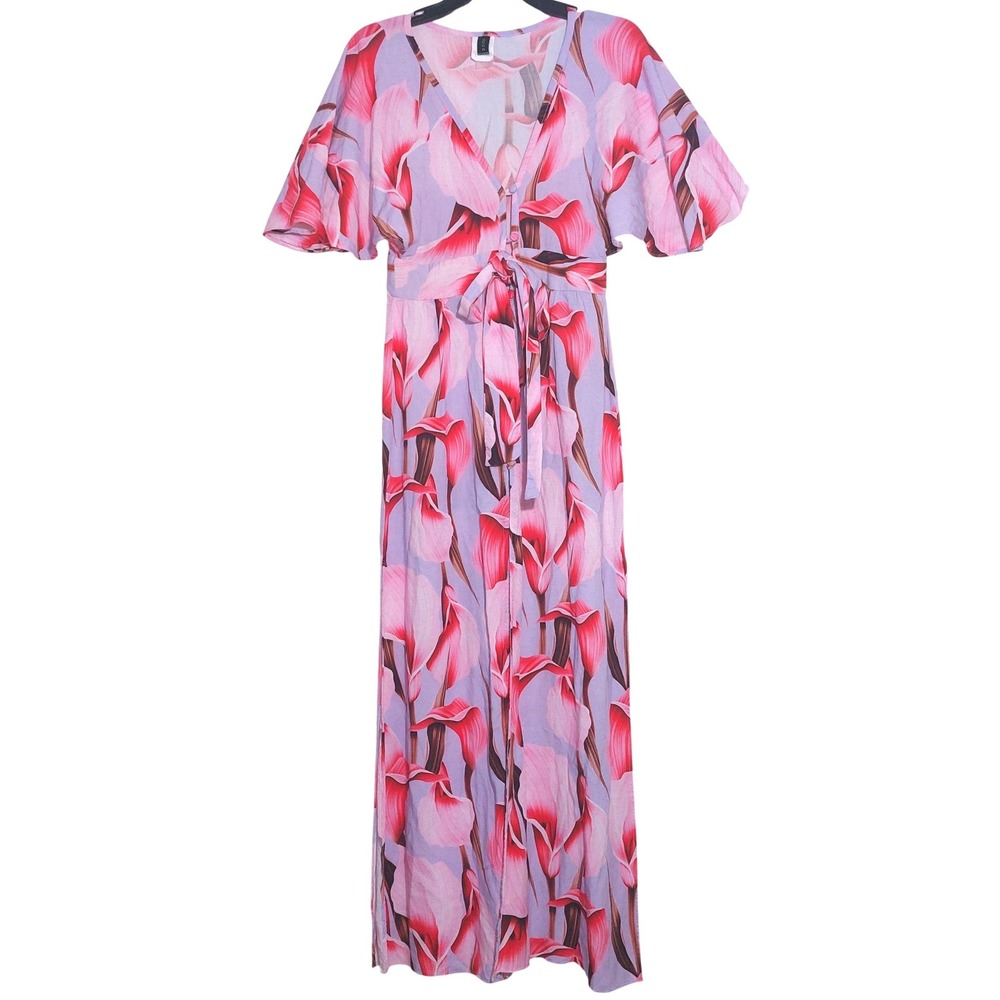 Doux Maxi Swim Cover Up Floral Print Purple Pink Flutter Sleeve Tie Waist Resort